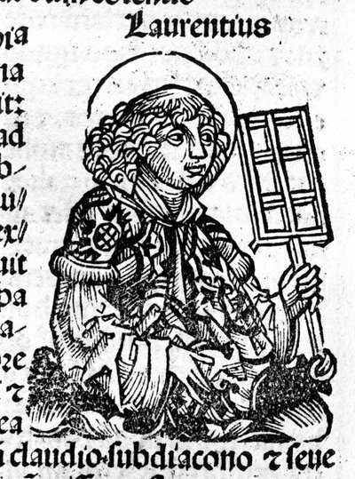 Saint Laurent a kezében tartja a rácsot, vértanúságának eszközét. Metszet Hartmann Schedel „Liber Chronicarum” című művéből alkotó: Hartmann Schedel