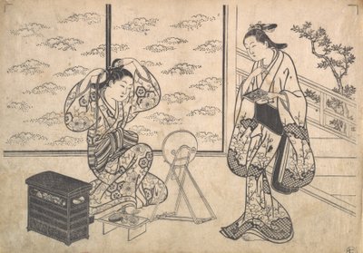 Két nő egy verandán nyíló szobában, kb. 1730. alkotó: Hasegawa Mitsunobu