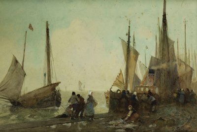 Halászhajók kirakodása a rakparton, Bretagne, alkotó: Hector Caffieri