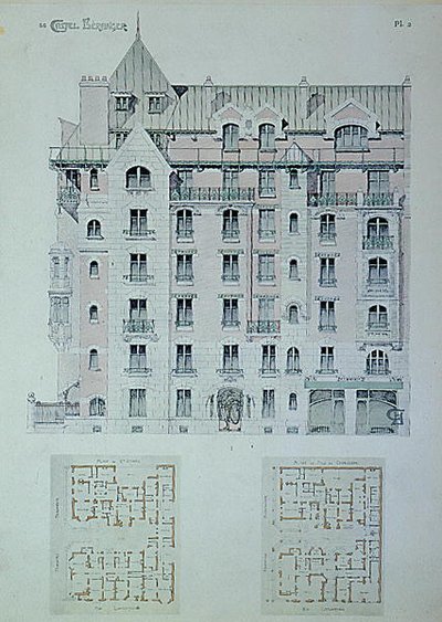 A „Castel-Beranger” homlokzata és alaprajza, illusztráció Hector Guimard (1867-1942) könyvéből (színes litó) alkotó: Hector Guimard