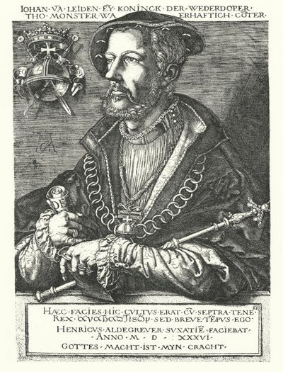 Leideni János, a holland anabaptista vezetője és az 1534-1535-ös münsteri lázadás egyik vezetője (metszet) alkotó: Heinrich (after) Aldegrever