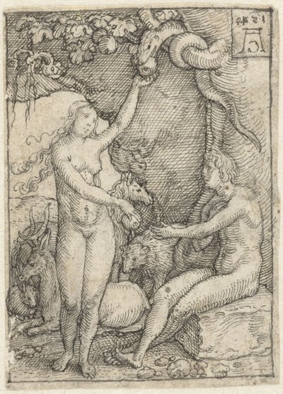 Éva alma Ádámhoz ér a fa alatt a kígyóval Tervrajzok a The Power of Death című metszetsorozathoz (sorozat címe) alkotó: Heinrich Aldegrever