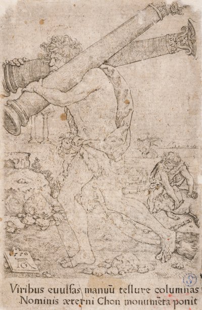 Hercules Carrying the Columns of Gades, a sorozatból:  Herkules fáradozásai (12) alkotó: Heinrich Aldegrever