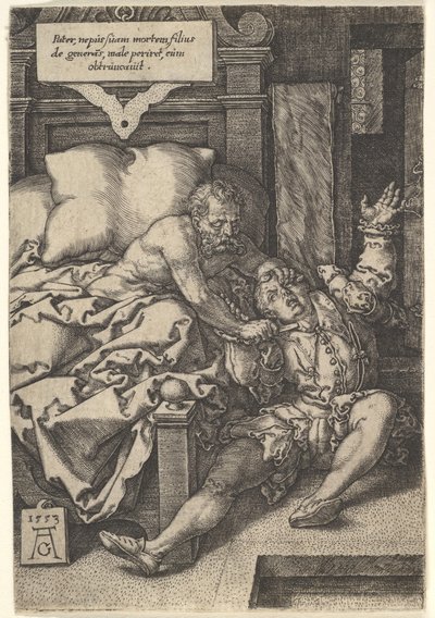 Herkinbald bíró elvágja unokaöccse torkát, 1553. alkotó: Heinrich Aldegrever