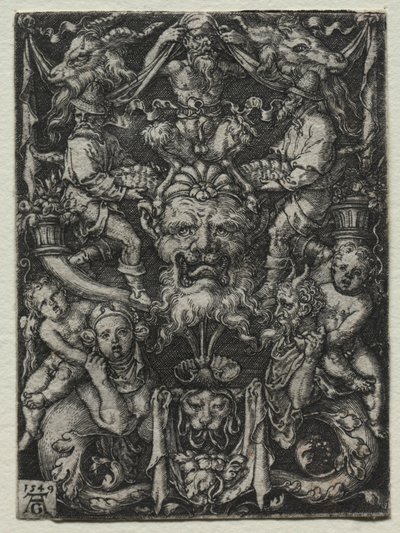 Dísztervezés maszkkal, néhány tritonnal és két gyerekkel lent, 1549. alkotó: Heinrich Aldegrever