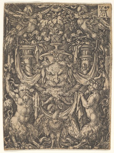 Díszrajz maszkkal és sassal két faun között lent, 1549. alkotó: Heinrich Aldegrever