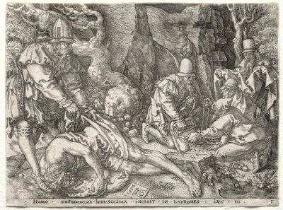 Példabeszéd az irgalmas szamaritánusról: A rablók megtámadják az utazókat, 1554. alkotó: Heinrich Aldegrever