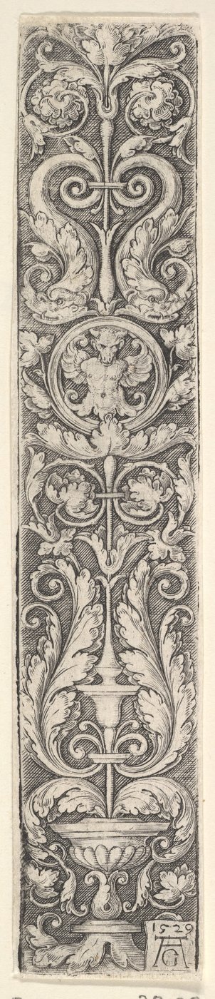Függőleges tábla kandeláberrel, melyben egy medál kentaurral és egy pár Dolp..., 1529. alkotó: Heinrich Aldegrever