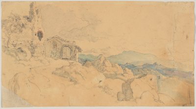 Hegyi táj kunyhóval és romokkal alkotó: Heinrich Burkel