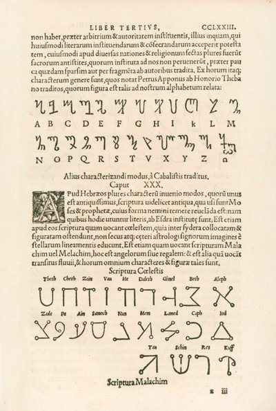 Thébai ábécé (becsületbeli ábécé vagy Honorius rúnái) és égi ábécé (Scriptura Malachim vagy angyali írás) Metszet Heinrich Cornelius Agrippa von Nettesheimtől (1486-1535) De occul alkotó: Heinrich Cornelius Agrippa von Nettesheim