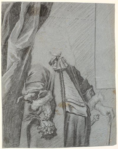 Tanulmány egy férfi portréhoz, 3/4 figura, jobb kéz, kezében kesztyű, oldalt támasztva, bal kéz botra támasztva alkotó: Heinrich Dittmers