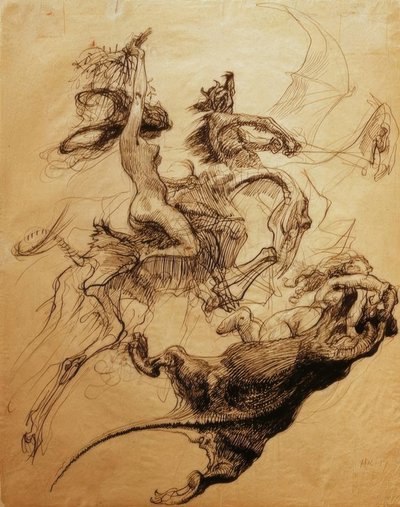 Meztelen nő csontvázon és ördög lovaglás pterodactyl alkotó: Heinrich Kley
