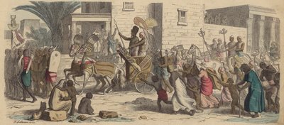 Egy ókori egyiptomi fáraó háborúba indul (színes metszet) alkotó: Heinrich Leutemann