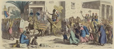 Egy ókori egyiptomi fáraó háborúba indul (színes metszet) alkotó: Heinrich Leutemann