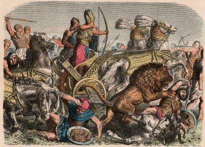 Az ókori Egyiptom: II. Ramszesz fáraó harcol a hettita hadsereg oroszlánjai ellen Kádesben, ie 1274, 1866 alkotó: Heinrich Leutemann