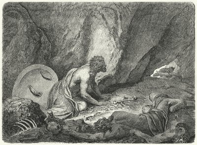 Aristomenes kiszökött a gödörből, amelybe a spártaiak dobták (metszet) alkotó: Heinrich Leutemann