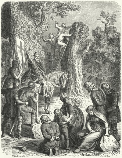 Nagy Károly elrendeli az Irmensaule, a szászok szent tölgyfa kivágását, 772 (metszet) alkotó: Heinrich Leutemann