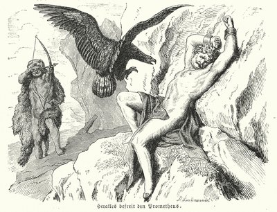 Héraklész kiszabadítja Prométheuszt (metszet) alkotó: Heinrich Leutemann