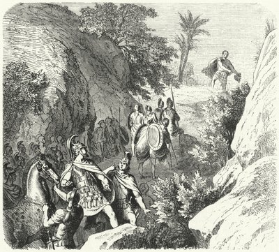 Macedón Perseus menet közben Thesszália szorosain (metszet) alkotó: Heinrich Leutemann