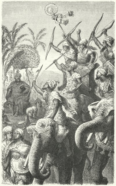 Porus, a Pauravák királya, áttekinti a harci elefántjait (metszet) alkotó: Heinrich Leutemann