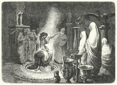 Pythia, a delphoi Apollón-templom főpapnője (metszet) alkotó: Heinrich Leutemann