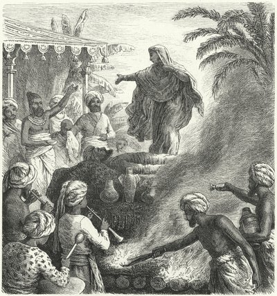 Suttee, hindu temetési szokás (metszet) alkotó: Heinrich Leutemann
