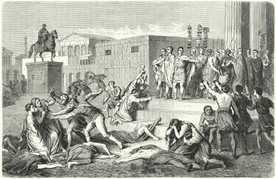 Mark Antonius, Marcus Aemilius Lepidus és Octavianus triumvirátusa, akik tiltásokat hirdettek politikai ellenségeik ellen, ie 43. alkotó: Heinrich Leutemann