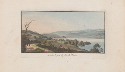Kilátás Lüscherzre a Bielersee-n Luschertz, Lac de Bienne közelében (cím az objektumon) Svájci tájak (sorozat címe) Néhány nézőpont gyűjteménye Svájcban (sorozat címe) alkotó: Heinrich Rieter