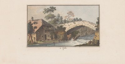 Ház egy folyón átívelő híd mellett Orbe városában à Orbe (cím a tárgyon) Svájci tájak (sorozat címe) Sammlung einiger Aussichten in der Schweiz (sorozat címe) alkotó: Heinrich Rieter