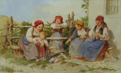 Nők és gyerekek egy játszó macskával alkotó: Heinrich Stohl