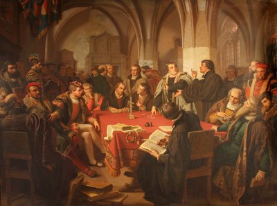 August Noack Vallási párbeszéd a marburgi várban 1869 keret nélkül alkotó: Heinrich Stürzl