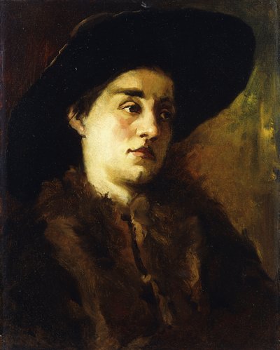 Egy bundát és fekete kalapot viselő hölgy portréja, alkotó: Heinrich Wilhelm Truebner