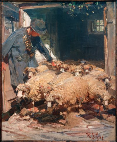 Pásztor kiengedi a juhokat az istállóból alkotó: Heinrich von Zügel