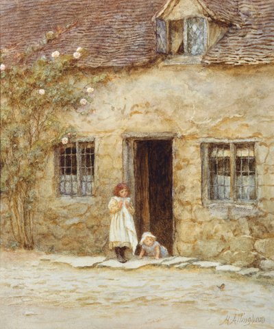 A házikó ajtajában (akvarell kikaparással) alkotó: Helen Allingham