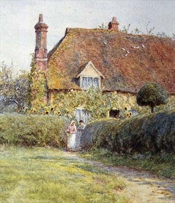 Egy házikó kapujánál alkotó: Helen Allingham