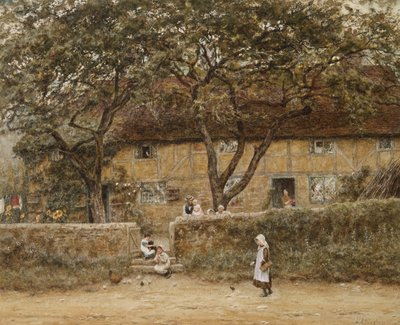 Gyerekek a kunyhón kívül (akvarell, kikarcolt papíron) alkotó: Helen Allingham