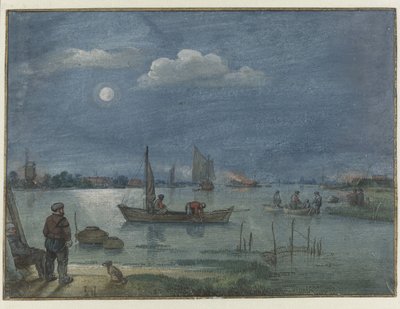 Holdfényes folyó táj halászokkal alkotó: Hendrick Avercamp