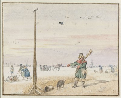 Téli táj kacsavadászsal, vaddal az övében, fegyverével a vállán a befagyott folyó partján alkotó: Hendrick Avercamp