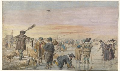 Téli jelenet a jégen, egy vadász vidrat mutatva alkotó: Hendrick Avercamp