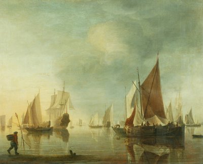 Nyugodt tengeren horgonyzó hajózás; esti fény, 1650-60 körül (olaj, panel) alkotó: Hendrick Dubbels