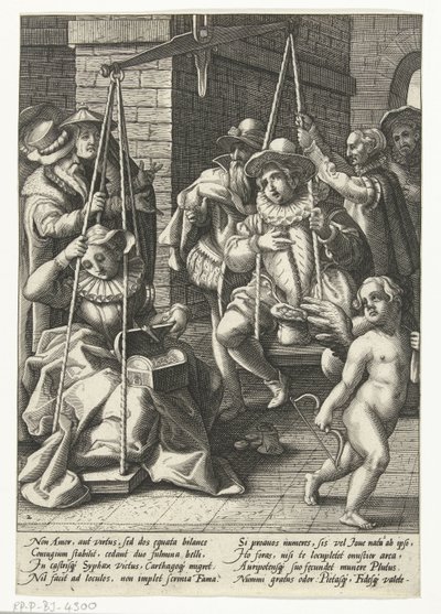A házassági mérlegek A pénz a helyes szerelem Az esküvői mérleg Példabeszédek Karel van Mander után (sorozat címe) alkotó: Hendrick Goltzius (attributed to workshop of)