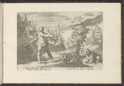 Arcas Callistóra célozza a nyilát Ovidius metamorfózisai (sorozat címe) P. Ovidius Naso rekreációi (sorozat címe) alkotó: Hendrick Goltzius (workshop of)