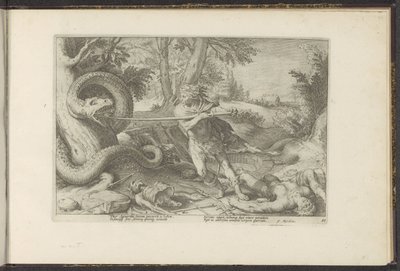 Kadmus megöli a sárkányt Ovidius metamorfózisai (sorozat címe) P. Ovidius Naso újraalkotásai (sorozat címe) alkotó: Hendrick Goltzius (workshop of)