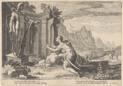 Kadmus tanácsot kér a delphi jósdától Ovidius metamorfózisai (sorozat címe) alkotó: Hendrick Goltzius (workshop of)