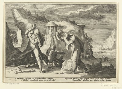 Deucalion és Pyrrha új emberi fajt hoznak létre Ovidius metamorfózisai (sorozat címe) alkotó: Hendrick Goltzius (workshop of)