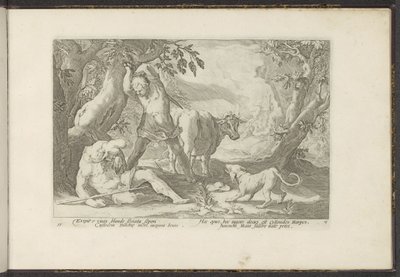 Mercurius doodt Argus Ovidius metamorfózisai (sorozat címe) A Herescheppingen van P. Ovidius Naso (sorozat címe) alkotó: Hendrick Goltzius (workshop of)