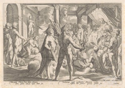 Phaëthon megkérdezi Apollótól, hogy lovagolhat-e a szekerén Ovidius metamorfózisai (sorozat címe) alkotó: Hendrick Goltzius (workshop of)