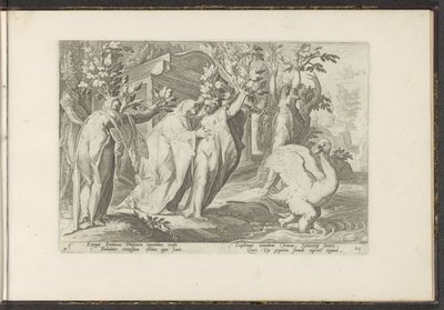 Phaethon nővérei nyárfává, barátja hattyúvá változnak Ovidius metamorfózisai (sorozat címe) P. Ovidius Naso rekreációi (sorozat címe) alkotó: Hendrick Goltzius (workshop of)