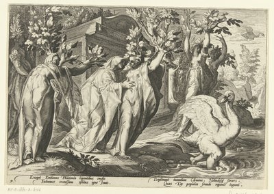 Phaëthon nővérei nyárfává, barátja hattyúvá változnak Ovidius metamorfózisai (sorozat címe) alkotó: Hendrick Goltzius (workshop of)