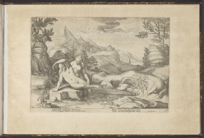 Salmacis és Hermaphroditus Ovidius Metamorfosen (sorozat címe) Herscheppingen van P. Ovidius Naso (sorozat címe) alkotó: Hendrick Goltzius (workshop of)